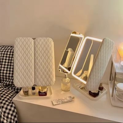Miroir de maquillage à trois volets, lumières LED, miroir de dressing dortoir