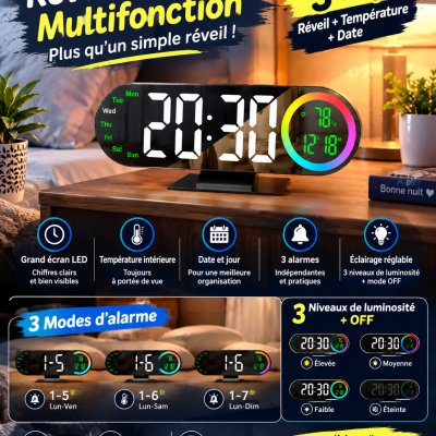 Digital Alarm Clock Voice Control 12/24H Format LED Mirror Clock 2 Alarms Temperature Display