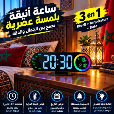 Digital Alarm Clock Voice Control 12/24H Format LED Mirror Clock 2 Alarms Temperature Display