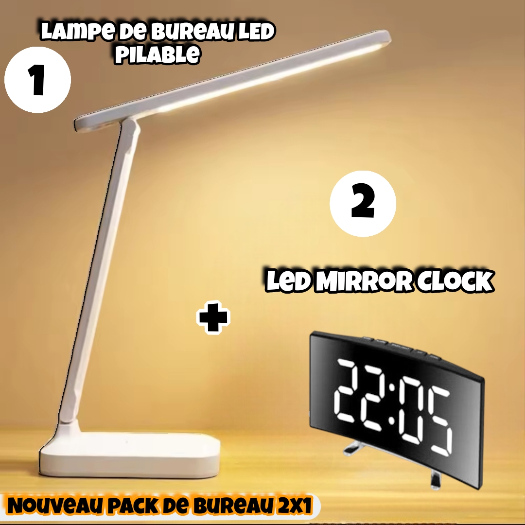 Pack de Bureau 2x1 Lampe Led Pilable et Led Mirror Clock