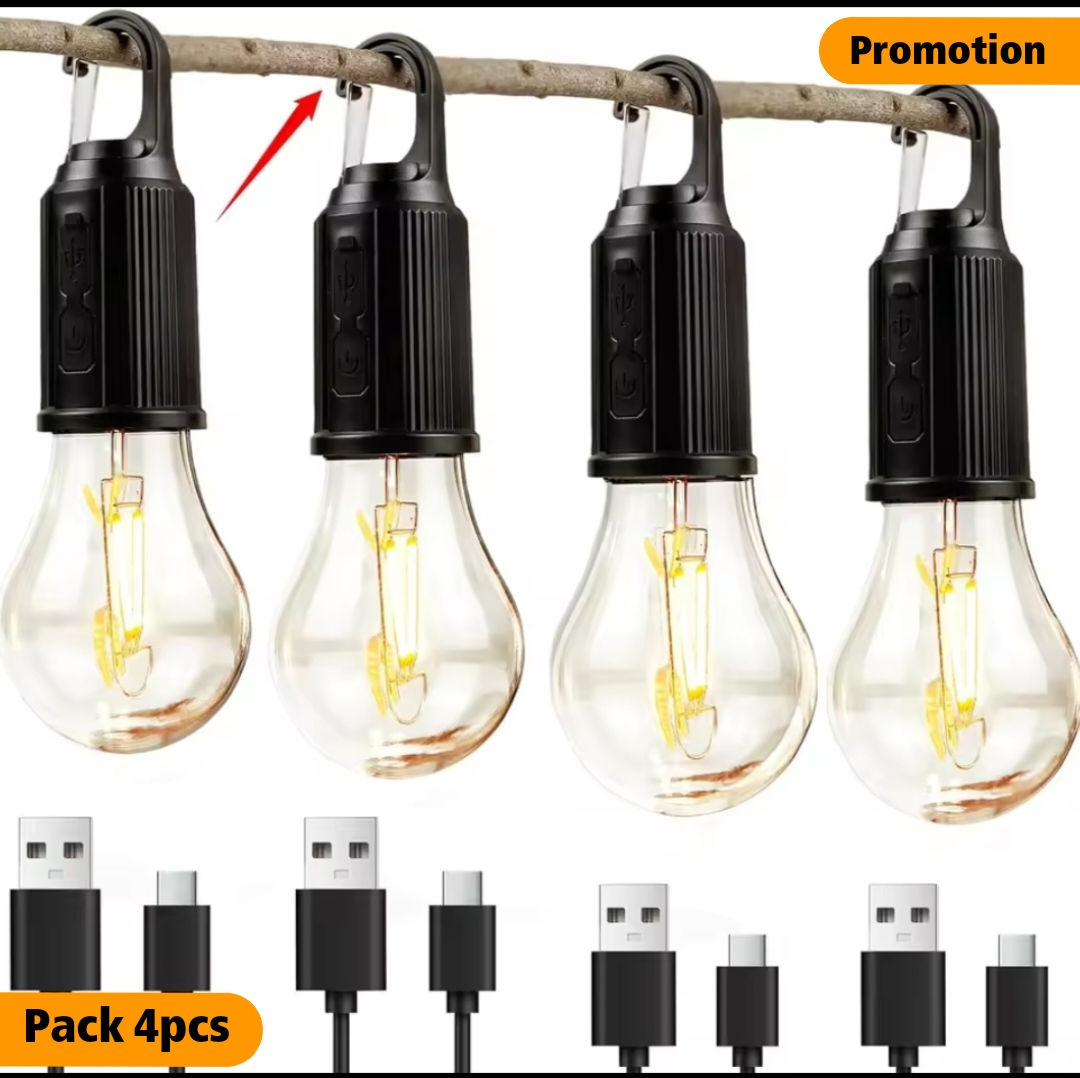 PACK 4PCS  Lampes de camping solaires extérieures, ampoules décoratives, crochets de chargement, lumières de tente rétro, lumières d'ambiance pour camps tungste