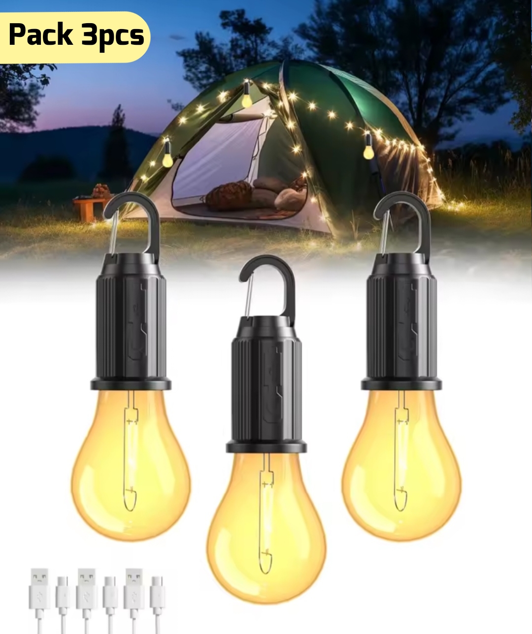 PACK 3PCS  Lampes de camping solaires extérieures, ampoules décoratives, crochets de chargement, lumières de tente rétro, lumières d'ambiance pour camps tungste