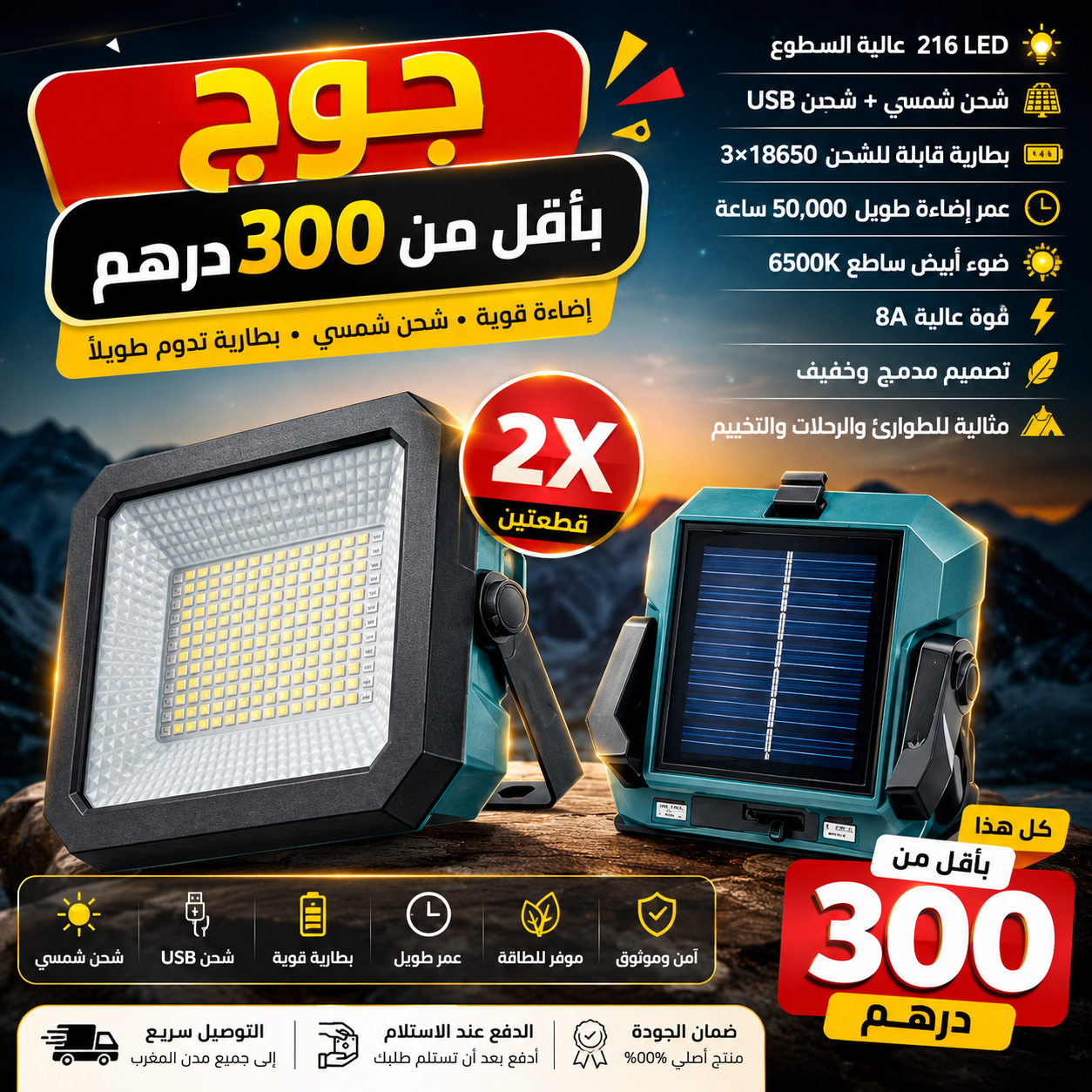 2pcs Solar LED Emergency Light (HOP-8806) -216PCS LED