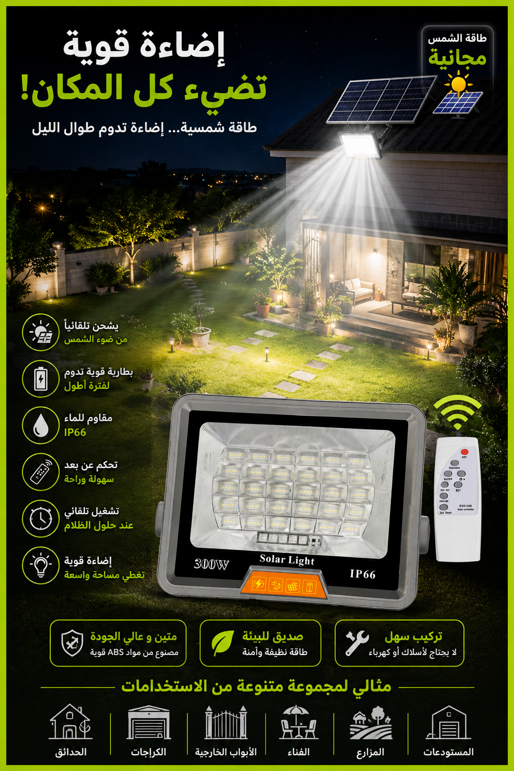Progecteur led solaire étanche ip66 en abs 300w pour éclairage routier extérieur rural