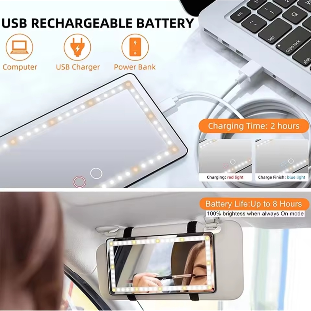 Miroir de vanté par soleil de voiture rechargeable avec 3 modes d'éclairage