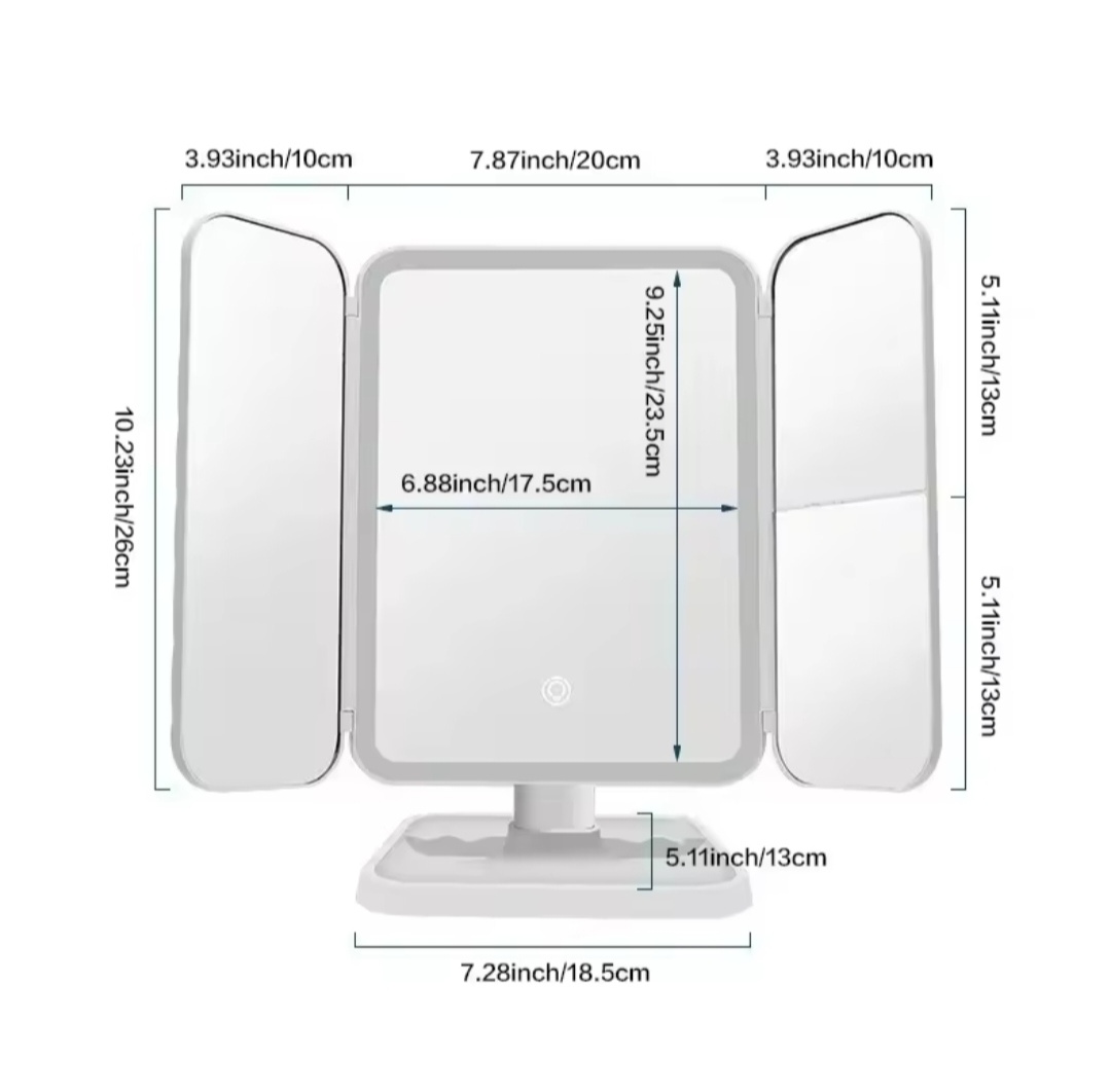 Miroir de maquillage à trois volets, lumières LED, miroir de dressing dortoir