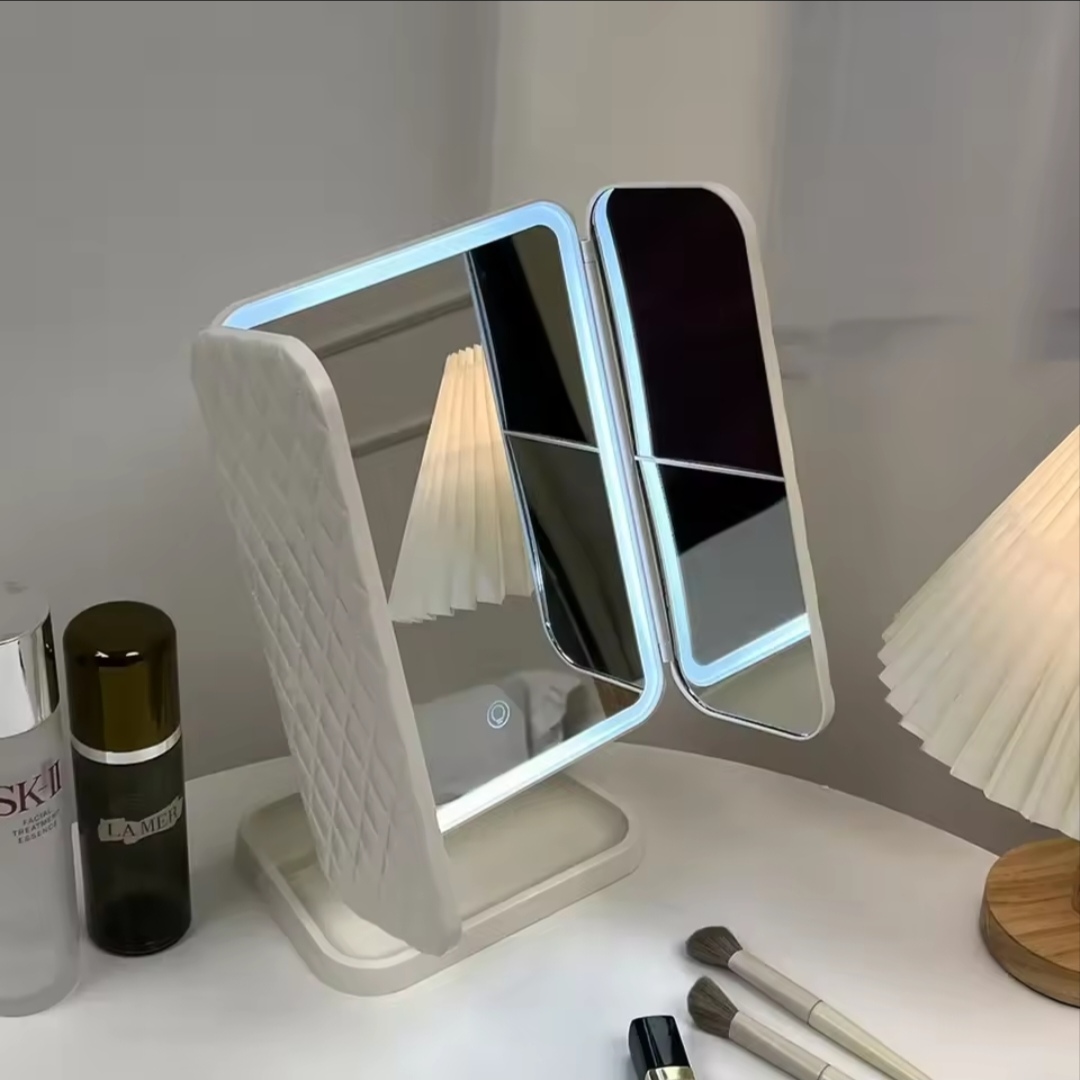 Miroir de maquillage à trois volets, lumières LED, miroir de dressing dortoir