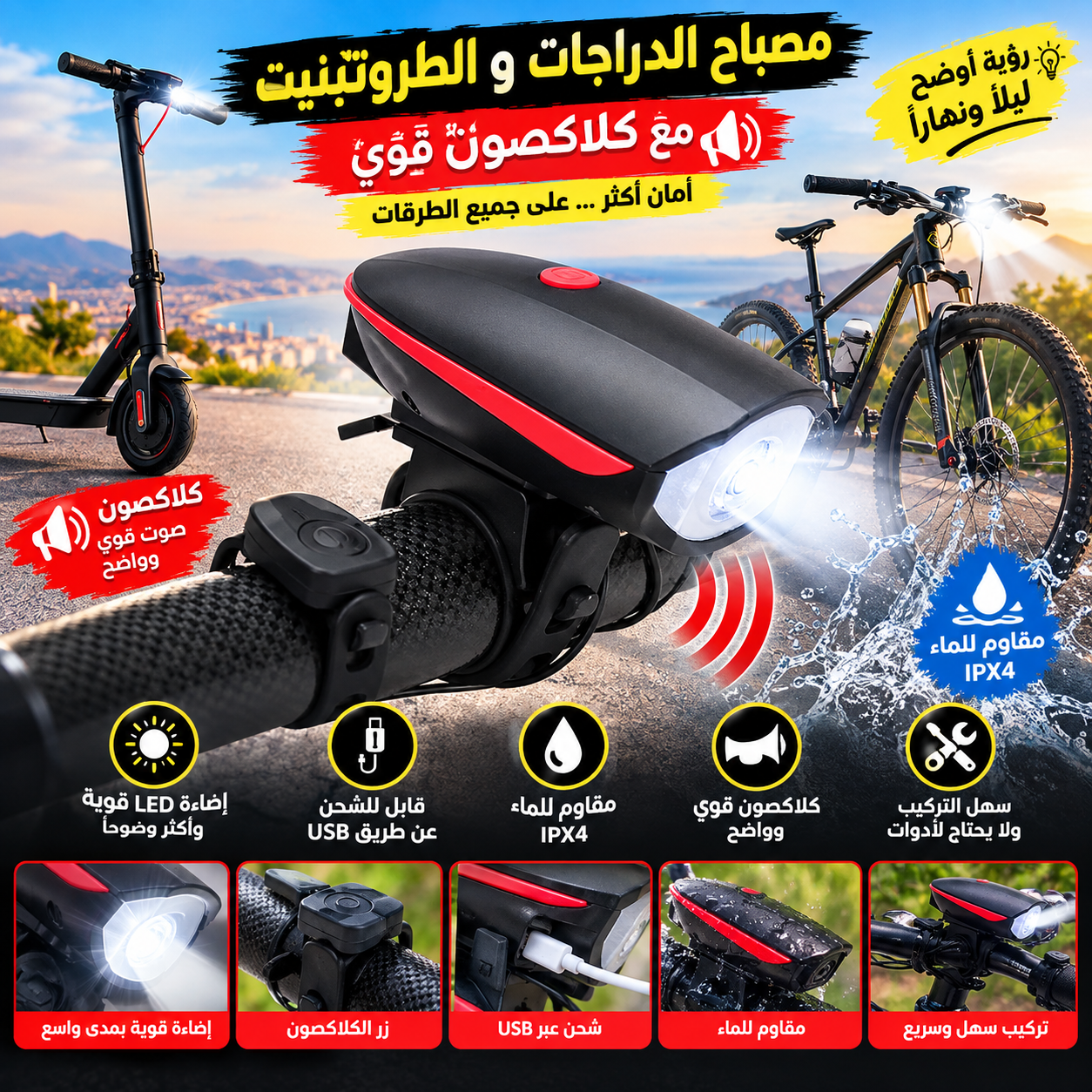 Phare LED de vélo et de trottinette avec klaxon , 3 modes de lumière