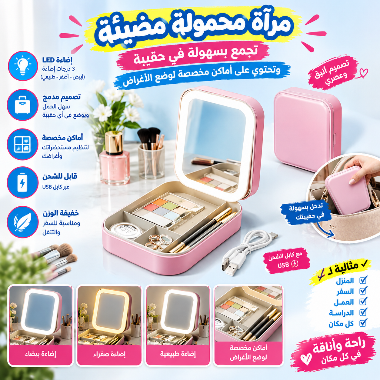 Miroir de maquillage led portable avec étui de voyage