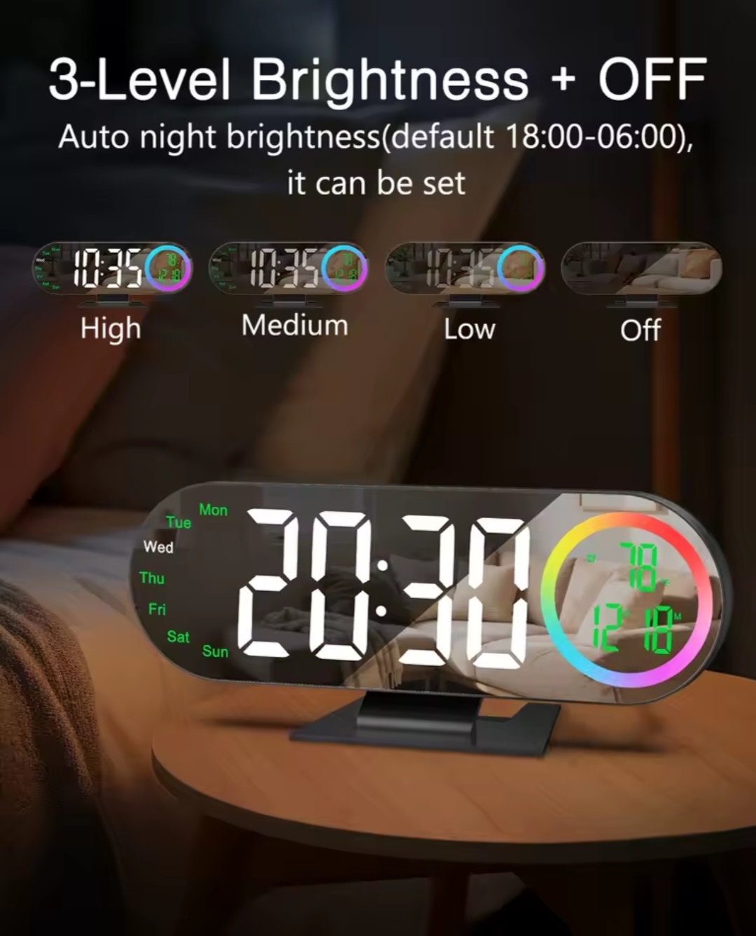 Digital Alarm Clock Voice Control 12/24H Format LED Mirror Clock 2 Alarms Temperature Display