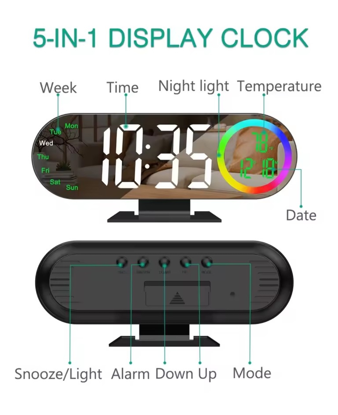 Digital Alarm Clock Voice Control 12/24H Format LED Mirror Clock 2 Alarms Temperature Display