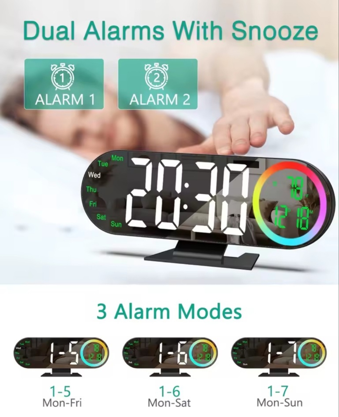 Digital Alarm Clock Voice Control 12/24H Format LED Mirror Clock 2 Alarms Temperature Display