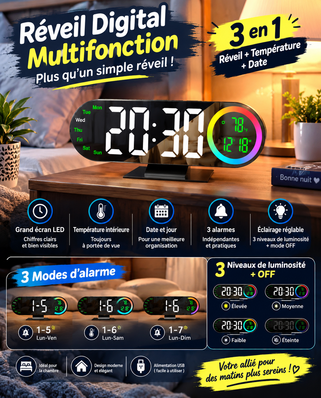 Digital Alarm Clock Voice Control 12/24H Format LED Mirror Clock 2 Alarms Temperature Display
