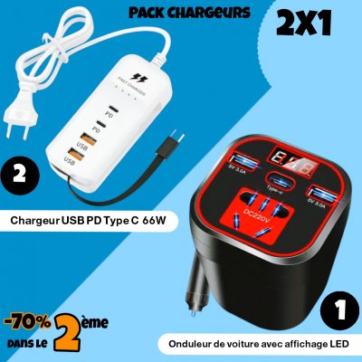 Pack 2x1 Chargeur PD USB 66W Type-C + Onduleur de voiture avec affichage LED