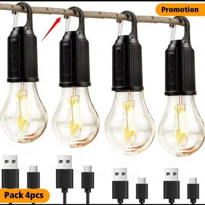 PACK 4PCS  Lampes de camping solaires extérieures, ampoules décoratives, crochets de chargement, lumières de tente rétro, lumières d'ambiance pour camps tungste
