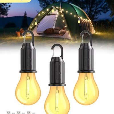 PACK 3PCS  Lampes de camping solaires extérieures, ampoules décoratives, crochets de chargement, lumières de tente rétro, lumières d'ambiance pour camps tungste
